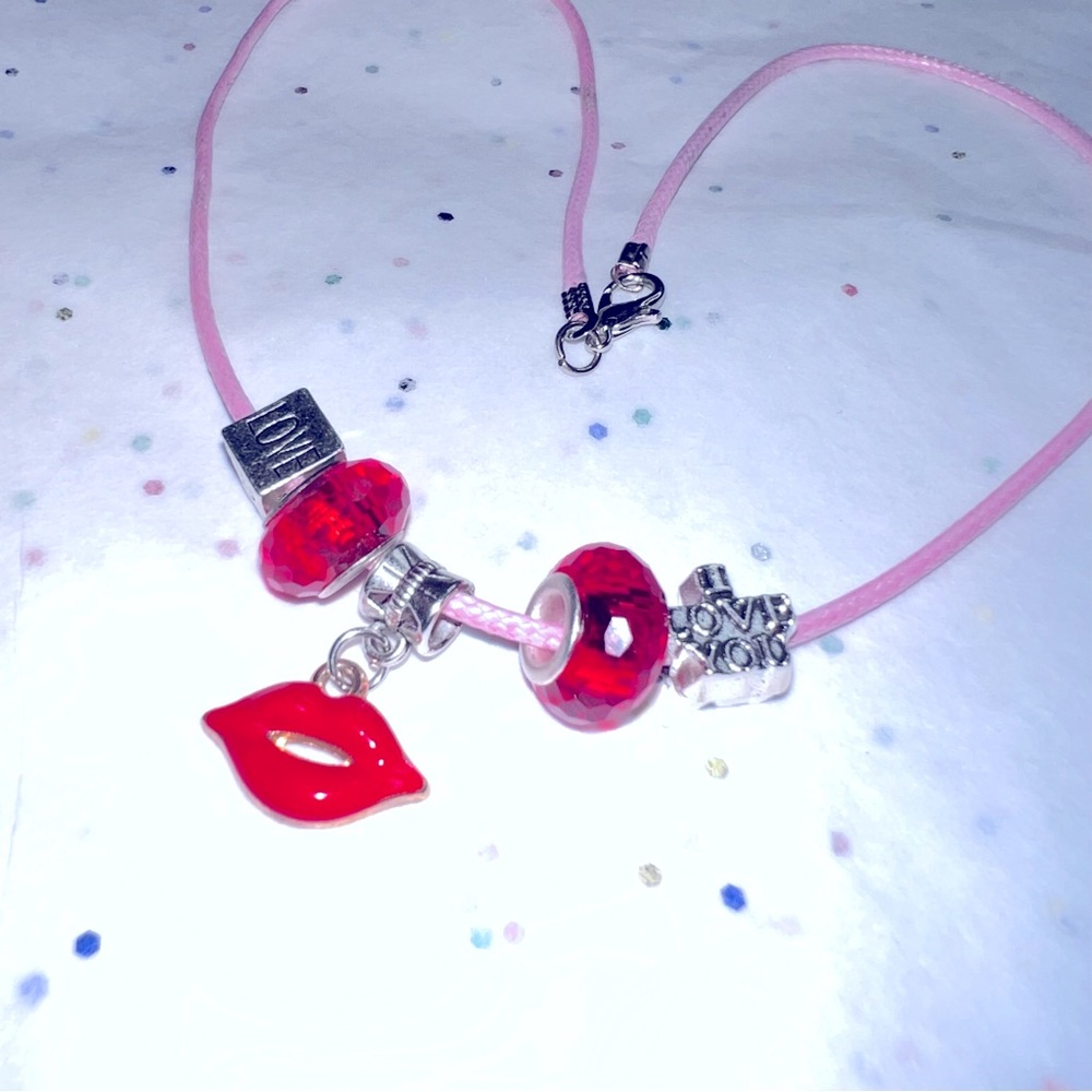 New Love Charm Necklace Pink Cord Red Lips & I love You Charms